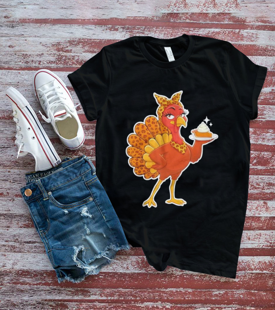 Leopard Print Turkey With Pumpkin Pie Thanksgiving T-Shirt