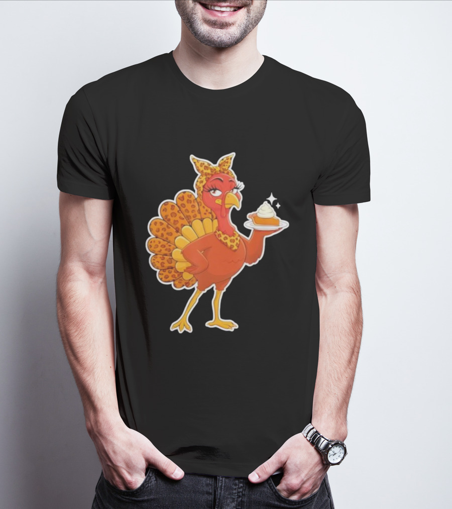 Leopard Print Turkey With Pumpkin Pie Thanksgiving T-Shirt