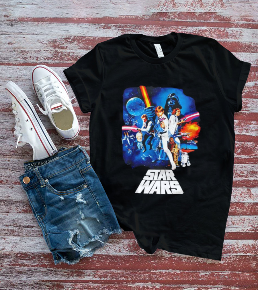 Star Wars New Hope Retro Darth Vader Luke Skywalker Leia Han Solo Chewbacca R2-D2 C-3PO Vintage Galactic Battle Scene T-Shirt