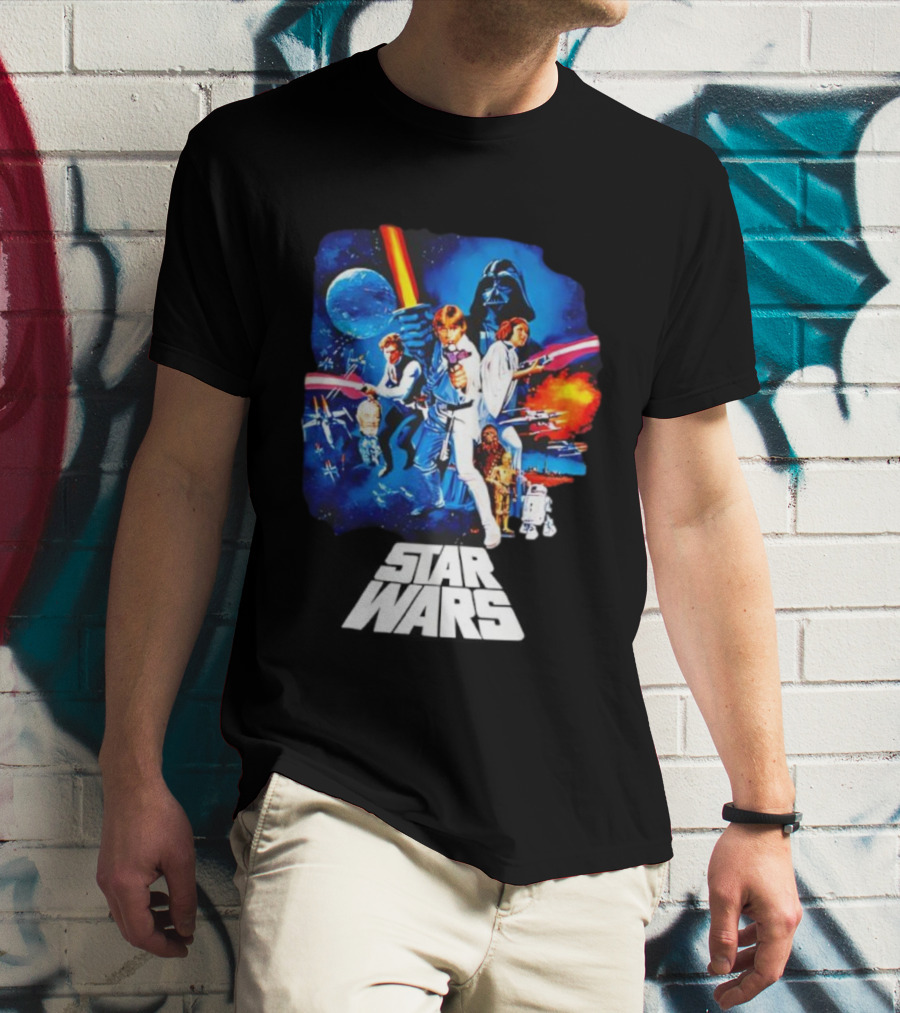 Star Wars New Hope Retro Darth Vader Luke Skywalker Leia Han Solo Chewbacca R2-D2 C-3PO Vintage Galactic Battle Scene T-Shirt