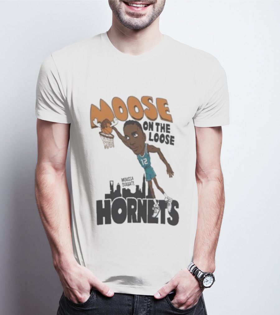 Moose On The Loose Hornets Moussa Diabate Caricature Dunk T-Shirt