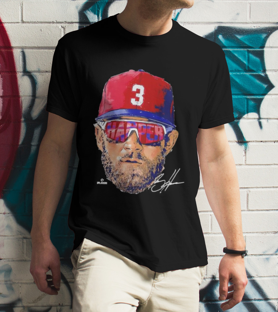Philadelphia Phillies Bryce Harper Signature Head 3 Cap Sunglasses T-Shirt