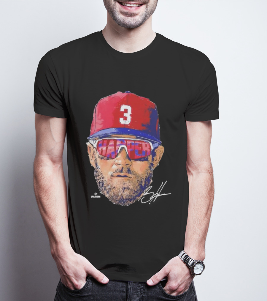 Philadelphia Phillies Bryce Harper Signature Head 3 Cap Sunglasses T-Shirt