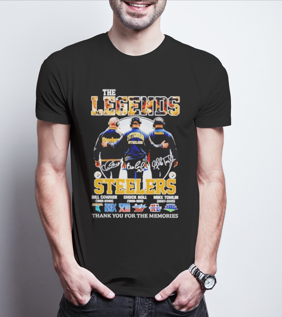 Pittsburgh Steelers Legends Bill Cowher Chuck Noll Mike Tomlin Thank You For The Memories T-Shirt
