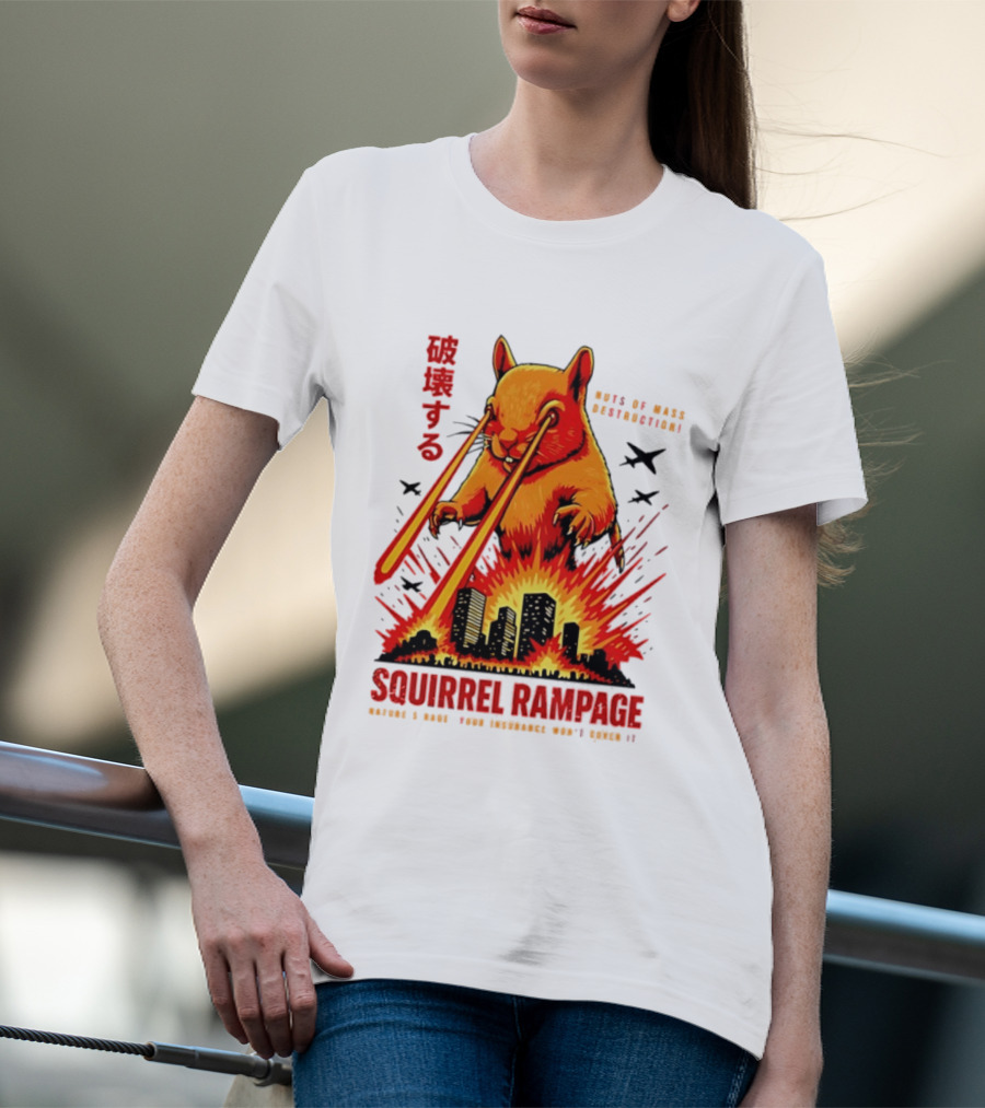 Squirrel Rampage Laser Eyes Skyline Destruction Nuts Of Mass Destruction T-Shirt