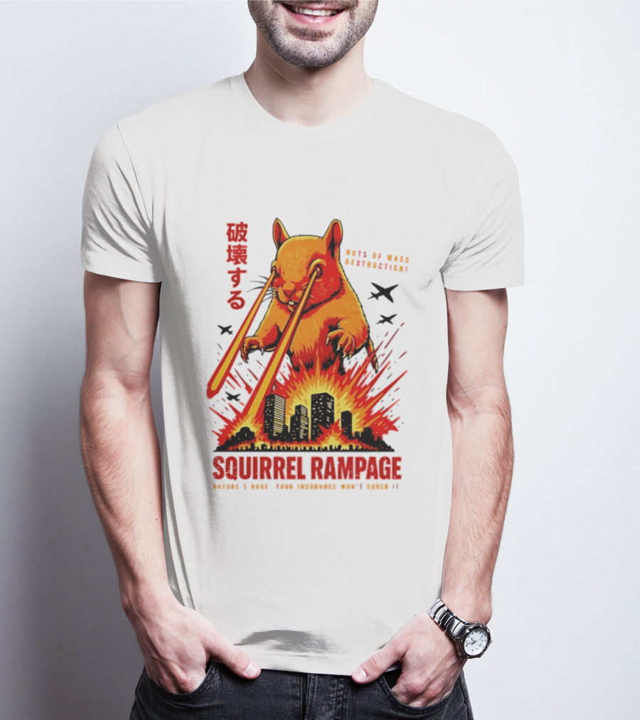 Squirrel Rampage Laser Eyes Skyline Destruction Nuts Of Mass Destruction T-Shirt