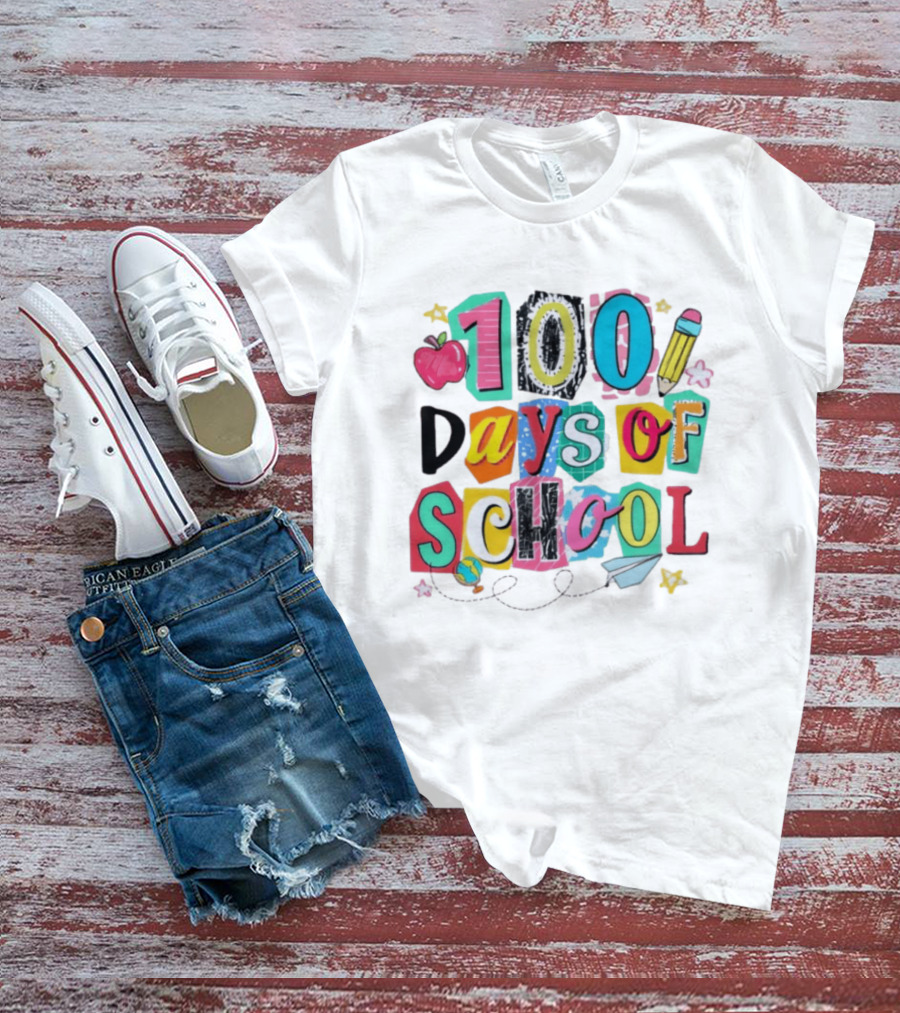 100 Days Of School Celebration Apple Pencil Stars Paper Plane Classroom T-Shirt