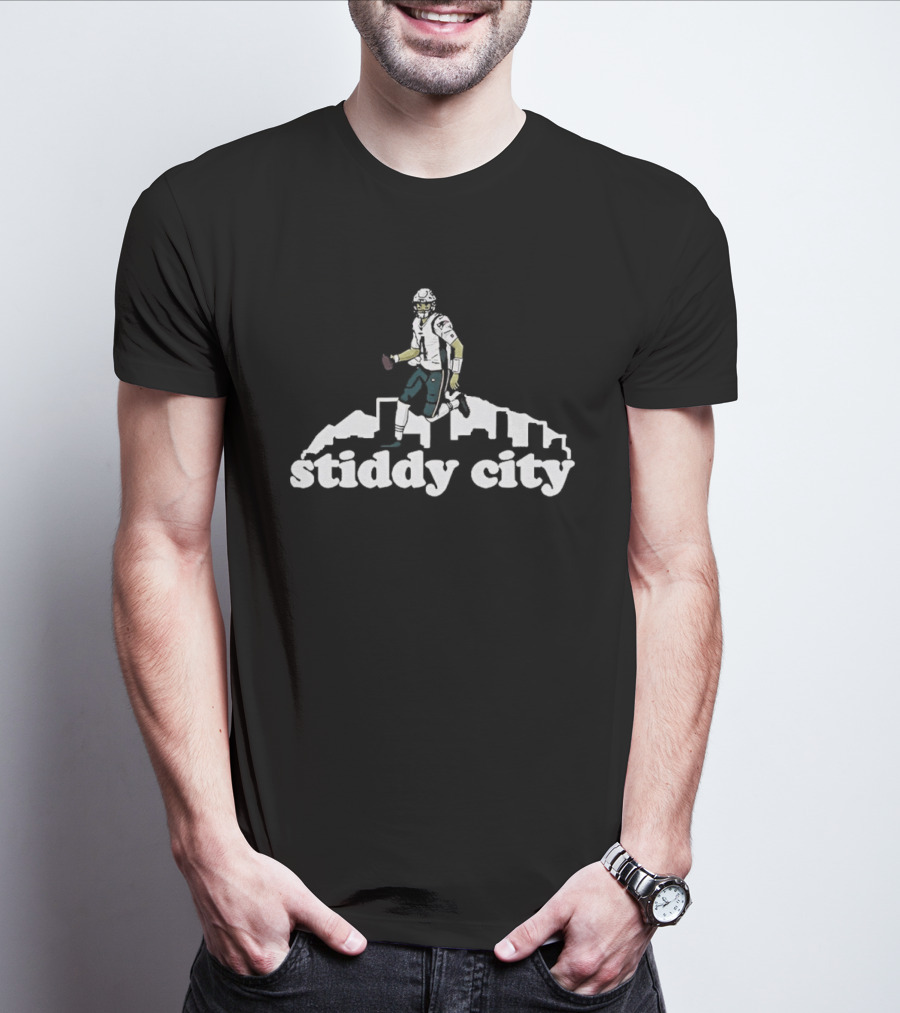 Stiddy City Jarrett Stidham Denver Broncos Skyline Football T-Shirt
