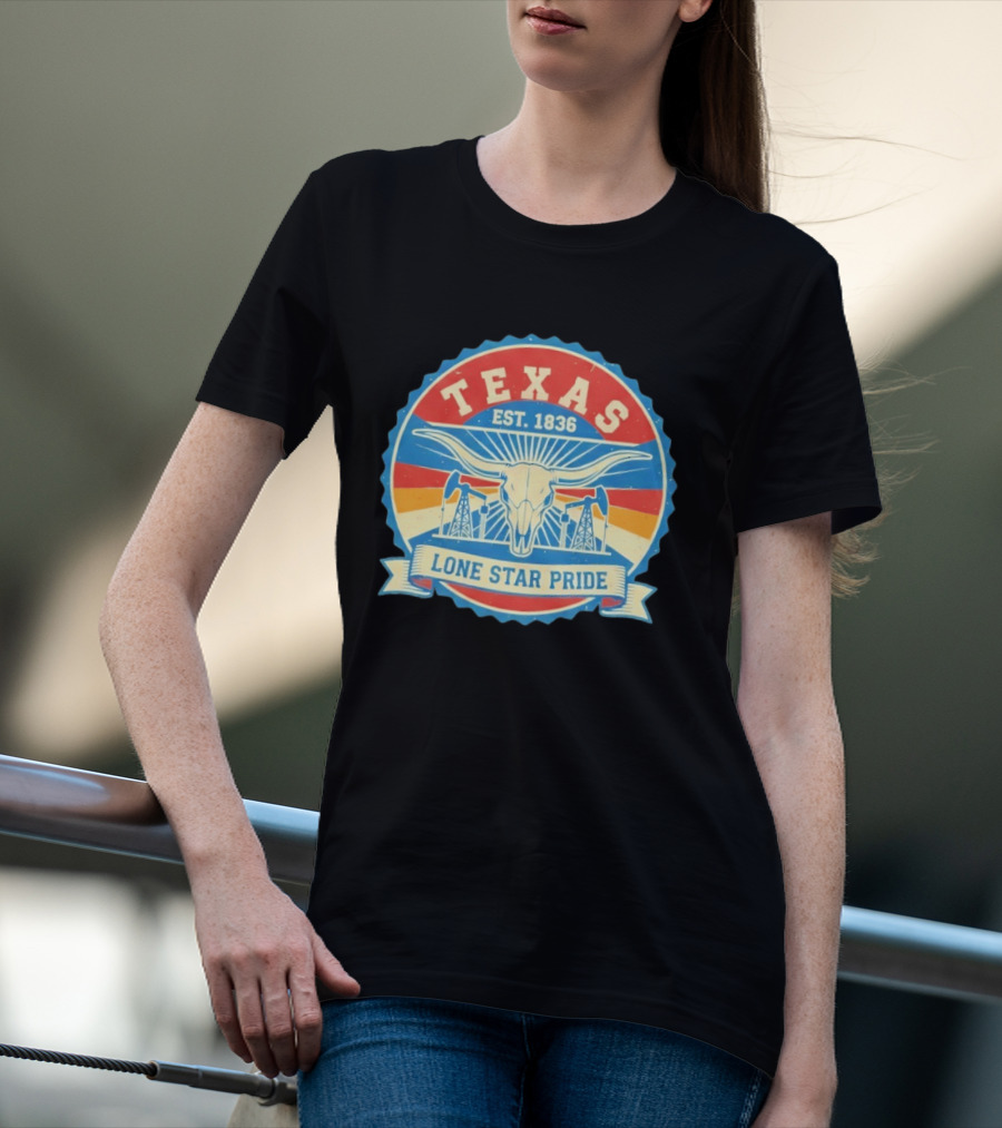 Texas EST 1836 Lone Star Pride Oil Derrick Longhorn T-Shirt