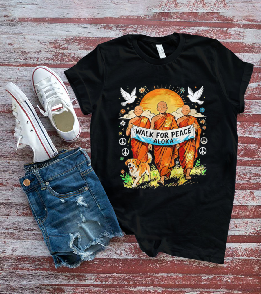 Walk For Peace Aloka Buddhist Monk With Spiritual Dog And Doves T-Shirt