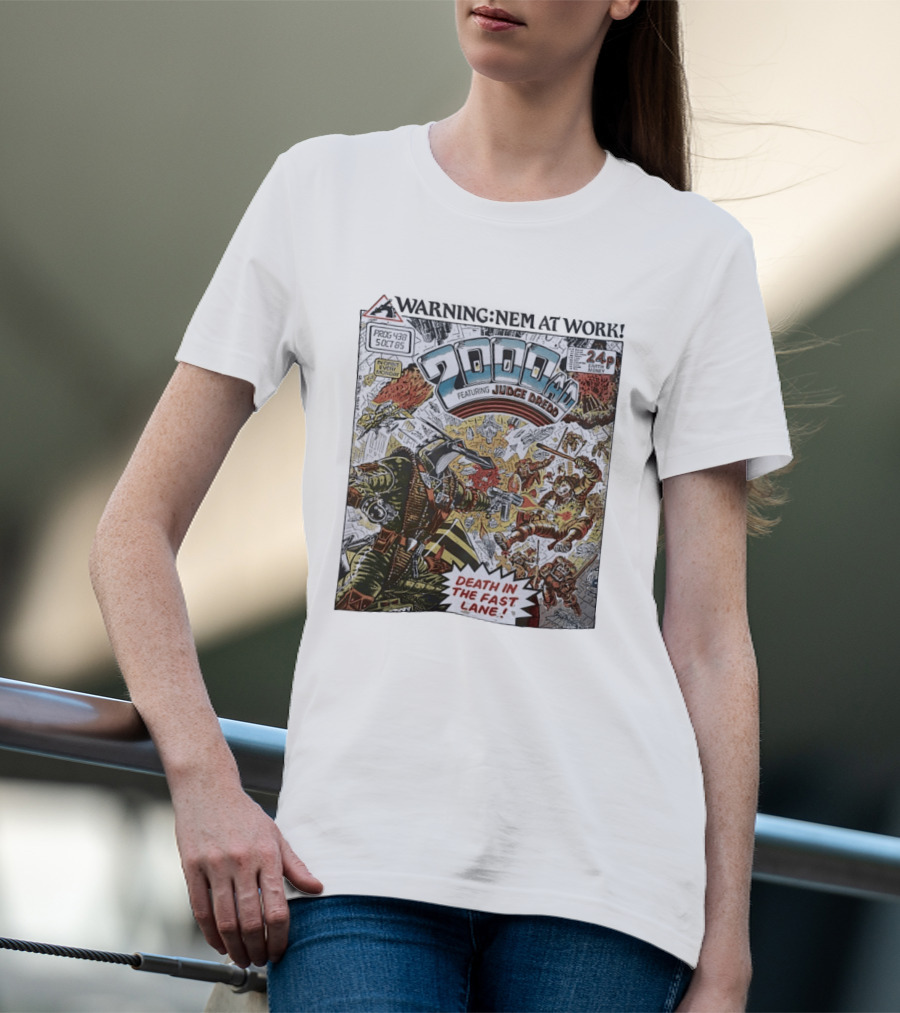 2000 AD Featuring Judge Dredd Death In The Fast Lane Warning Nem At Work Prog 438 Oct 85 T-Shirt