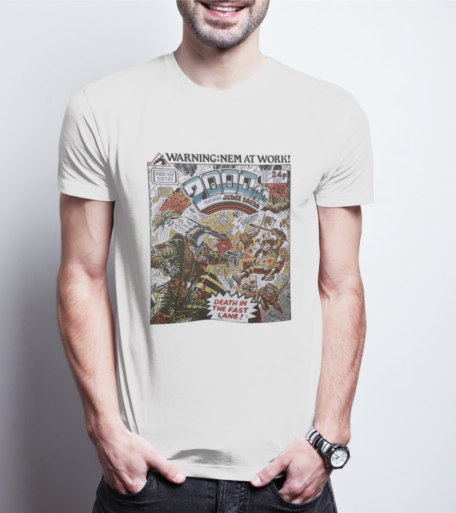 2000 AD Featuring Judge Dredd Death In The Fast Lane Warning Nem At Work Prog 438 Oct 85 T-Shirt
