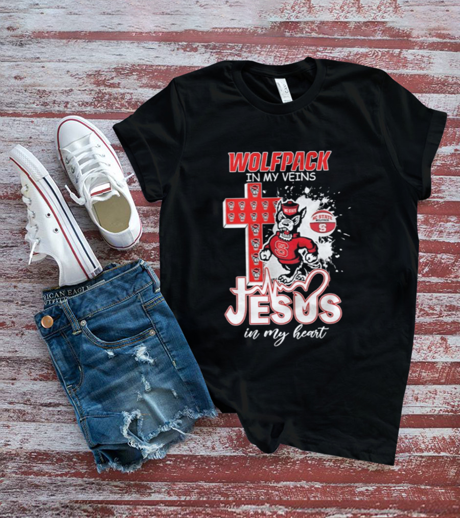 NC State Wolfpack In My Veins Jesus In My Heart Faithful Cross T-Shirt