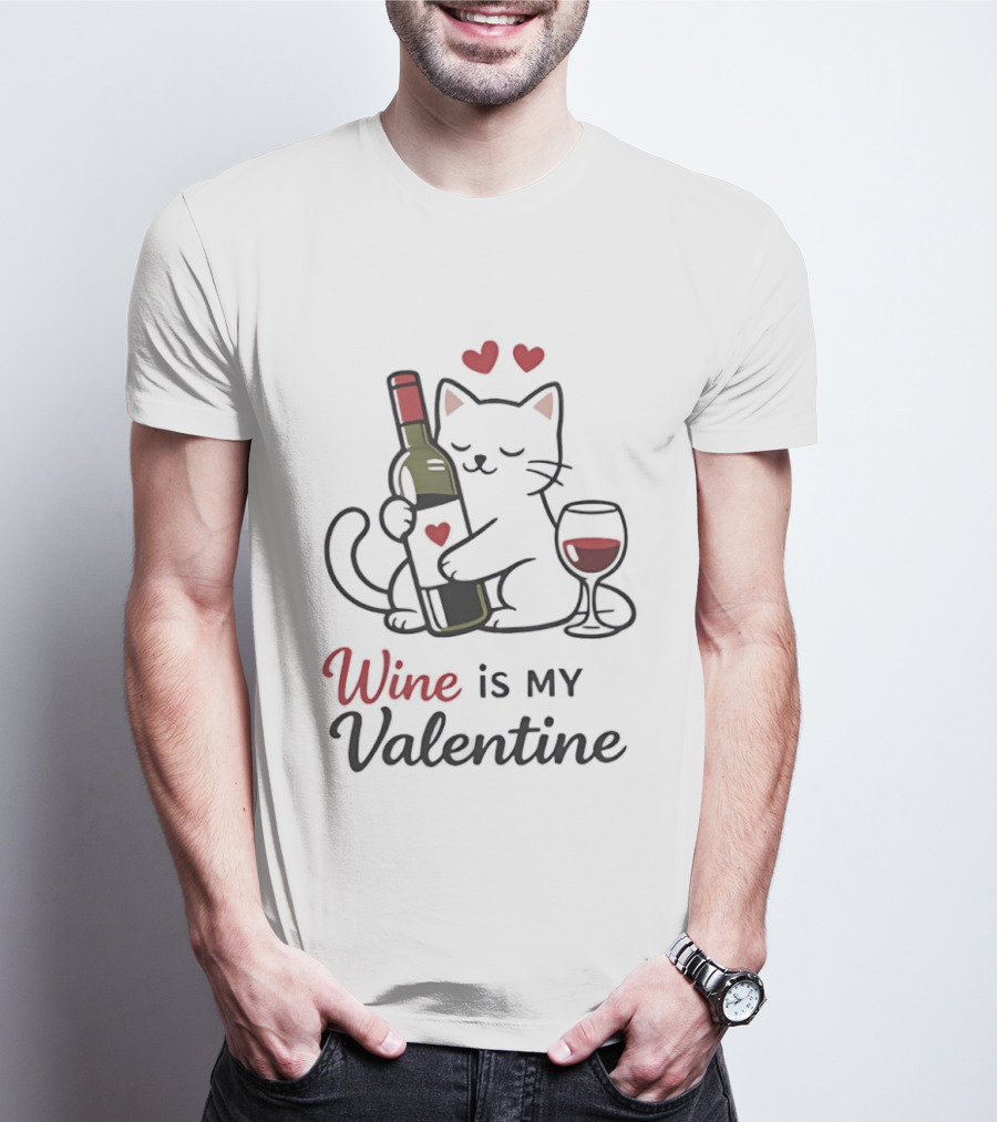 Cat Wine Is My Valentine With Hearts And Wine Glass T-Shirt