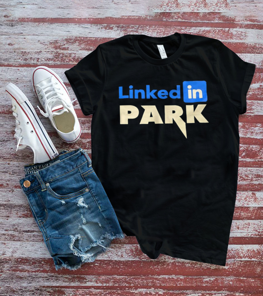 Linked In Park Blocky Font Text In Blue And Beige T-Shirt