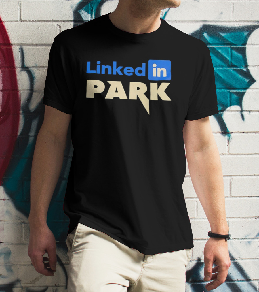 Linked In Park Blocky Font Text In Blue And Beige T-Shirt