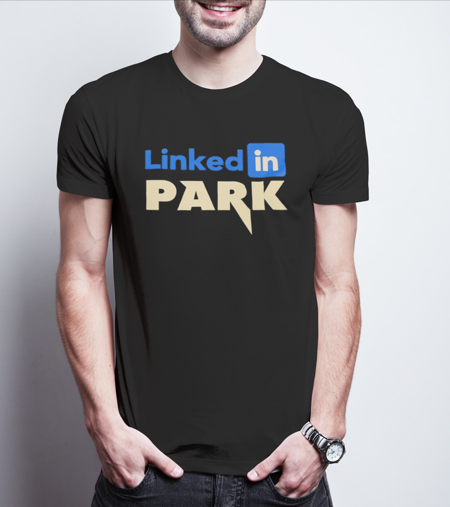 Linked In Park Blocky Font Text In Blue And Beige T-Shirt