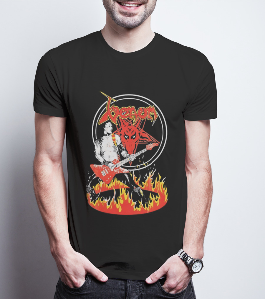 Venom Red Demon Guitarist Flaming Circle T-Shirt