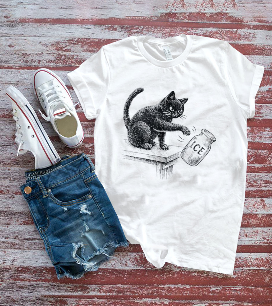 Cat Knocking Over ICE Jar Pro Immigration Message T-Shirt