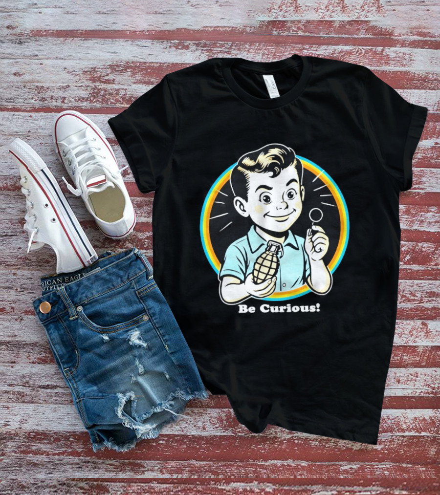 Be Curious Retro Comic Style Boy Holding Grenade And Pin T-Shirt