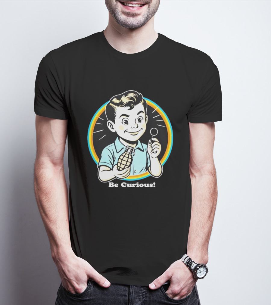 Be Curious Retro Comic Style Boy Holding Grenade And Pin T-Shirt