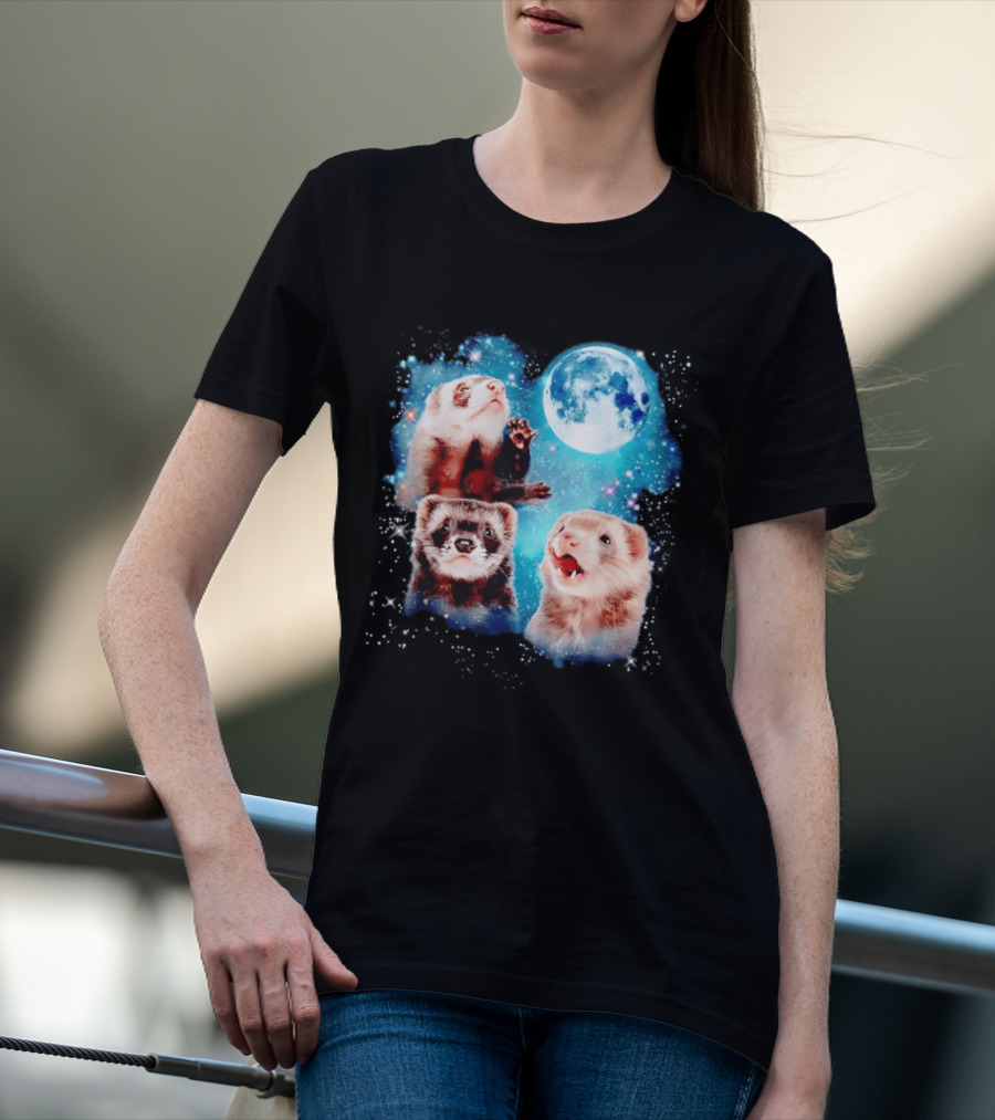Ferret Trio With Full Moon And Starlit Sky T-Shirt
