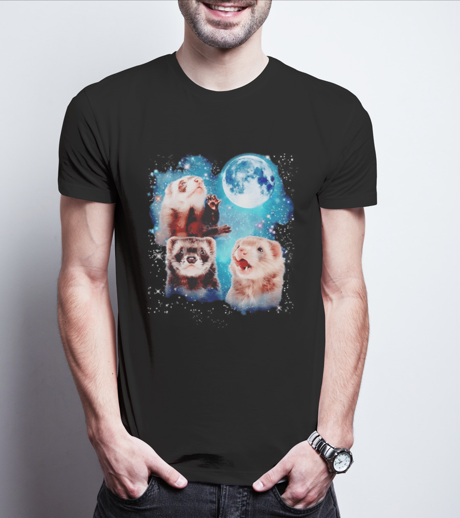 Ferret Trio With Full Moon And Starlit Sky T-Shirt