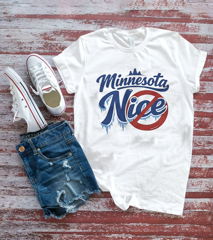 Minnesota Nice Anti Ice Dripping Text Red Circle Blue Letters T-Shirt