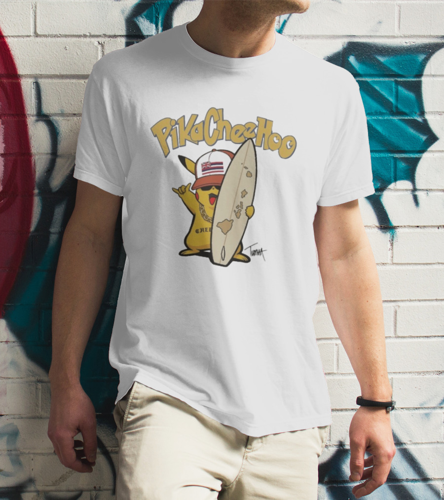PikaCheeHoo Pikachu Surfboard Tumua Hawaii Flag Hat T-Shirt