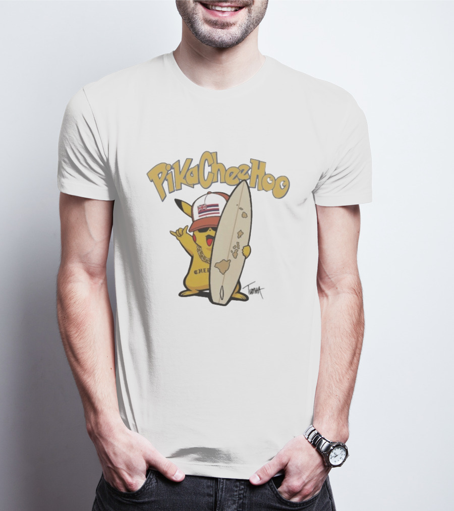 PikaCheeHoo Pikachu Surfboard Tumua Hawaii Flag Hat T-Shirt