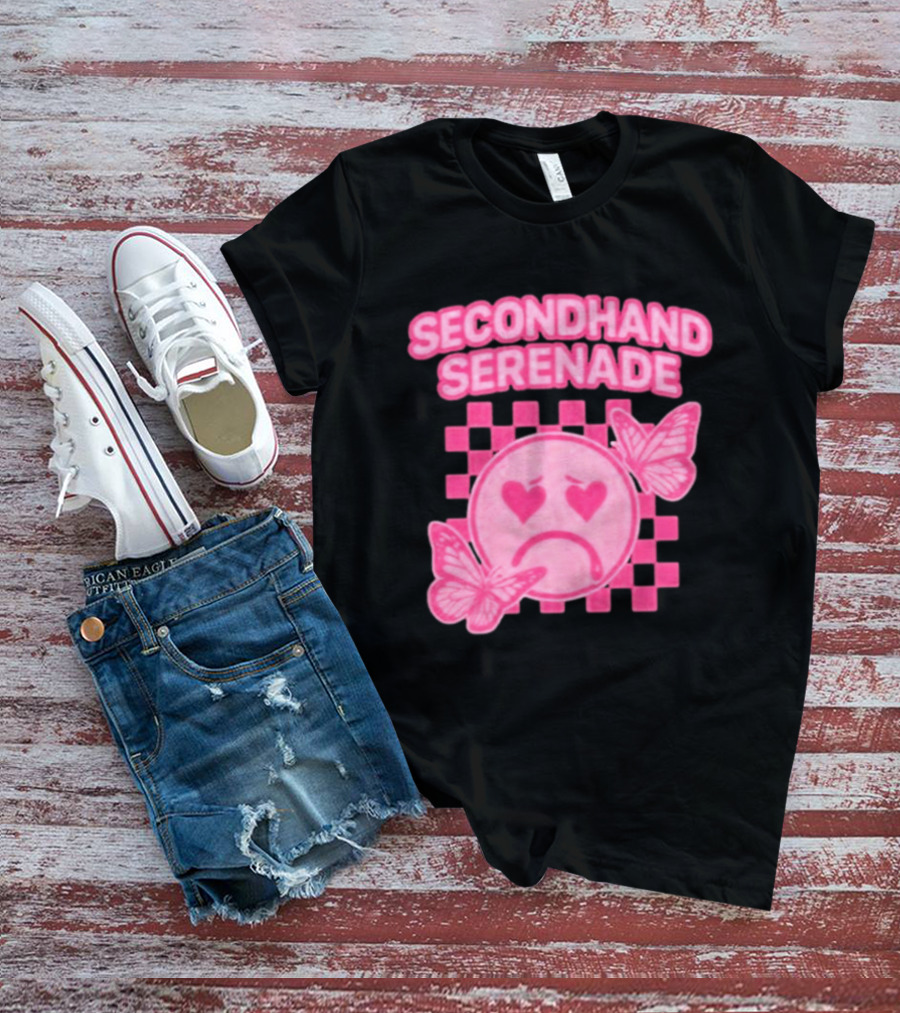 Secondhand Serenade Sad Emo Pink Heartbroken Face With Butterflies T-Shirt