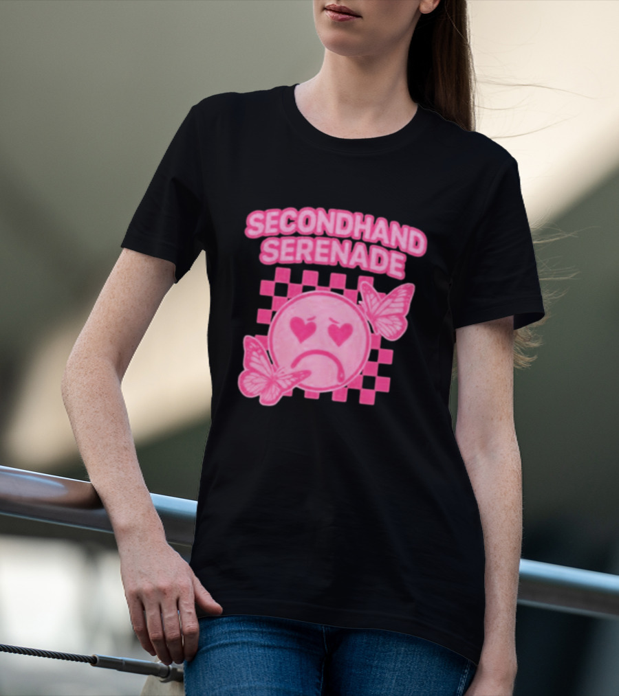 Secondhand Serenade Sad Emo Pink Heartbroken Face With Butterflies T-Shirt