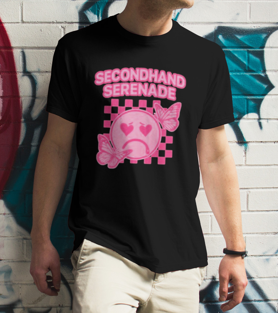 Secondhand Serenade Sad Emo Pink Heartbroken Face With Butterflies T-Shirt