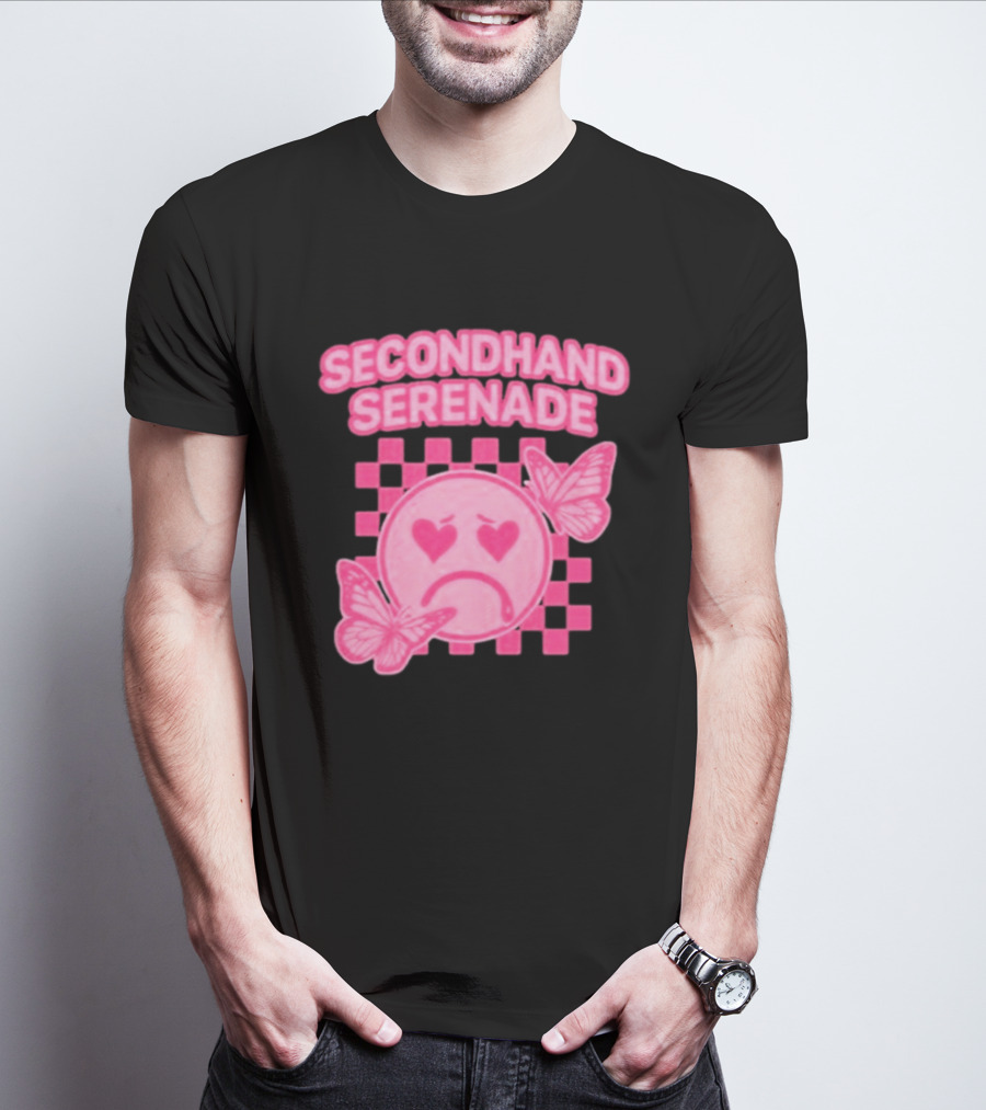 Secondhand Serenade Sad Emo Pink Heartbroken Face With Butterflies T-Shirt