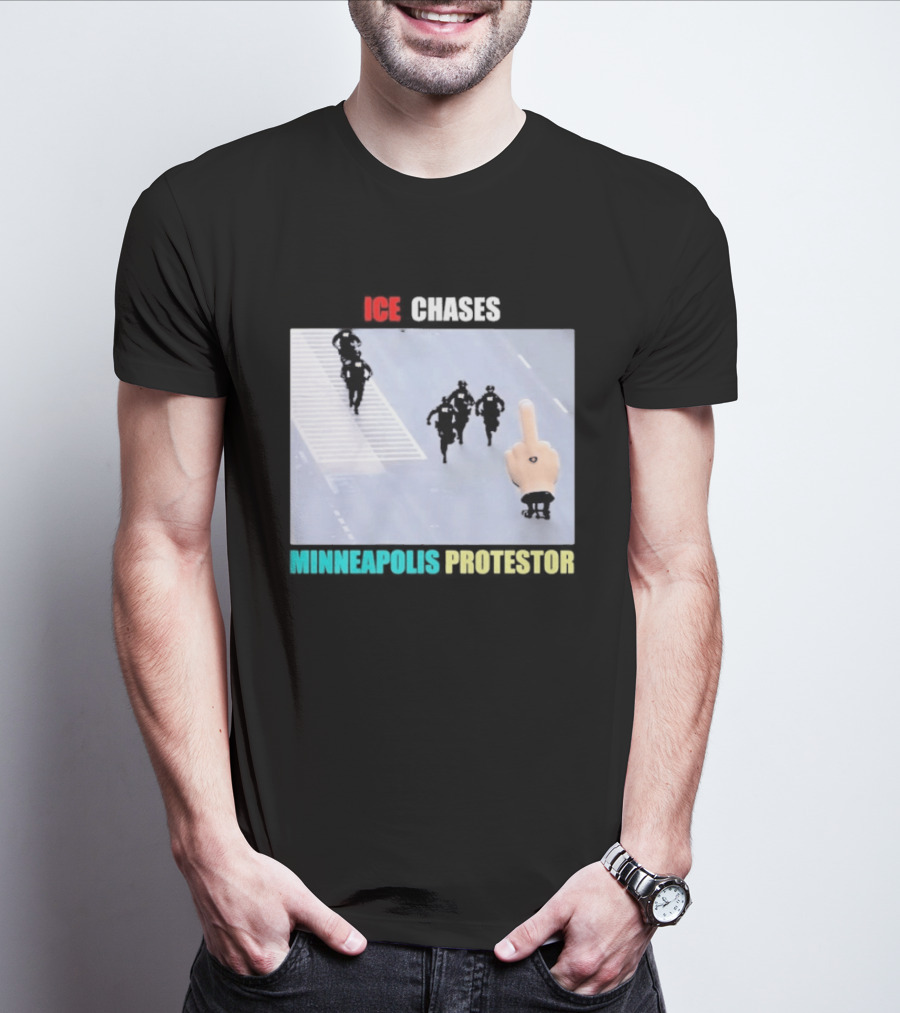 ICE Chases Minneapolis Protestor Middle Finger Gesture T-Shirt