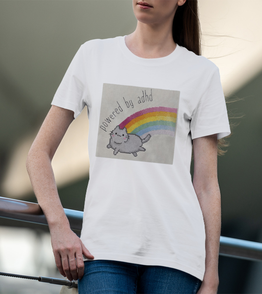 Cat Powered By ADHD Rainbow Cute Cross Stitch Patchwork T-Shirt