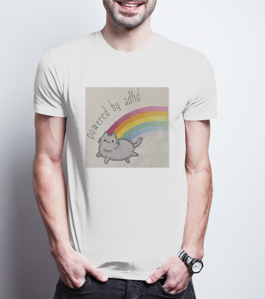 Cat Powered By ADHD Rainbow Cute Cross Stitch Patchwork T-Shirt