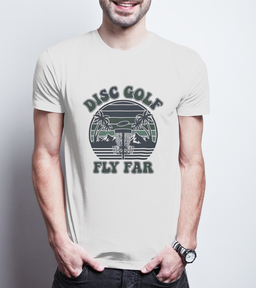 Disc Golf Fly Far Sunset Palm Trees Mountains T-Shirt