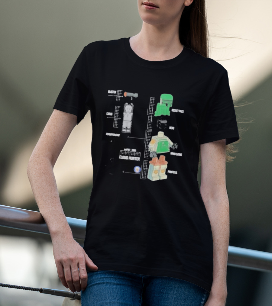 Studstache Cloud Hunter Blueprint With Block Figures And Sci Fi T-Shirt