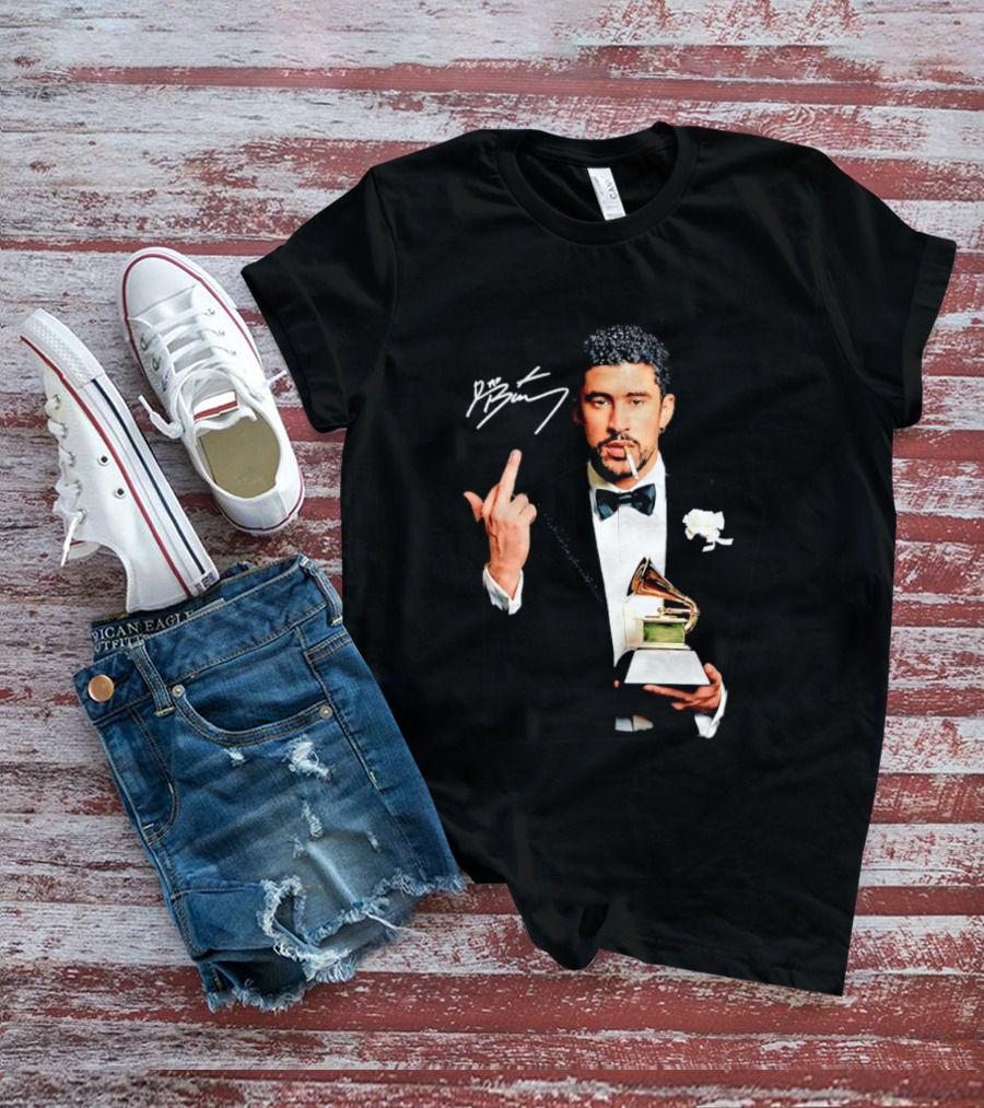 Bad Bunny Smoking Middle Finger Holding Grammy 2026 T-Shirt
