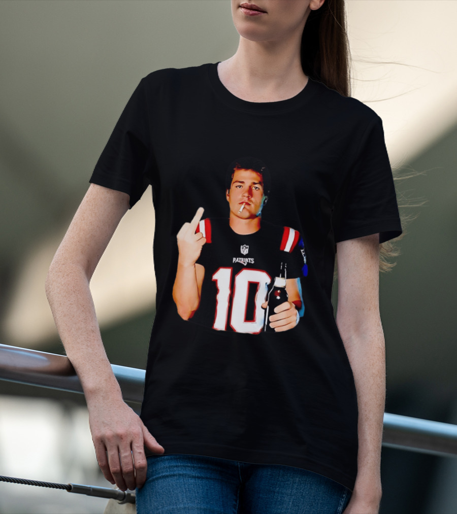 Drake Maye Middle Finger Smoking Holding Beer Can New England Patriots 10 T-Shirt