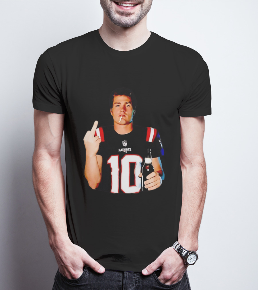 Drake Maye Middle Finger Smoking Holding Beer Can New England Patriots 10 T-Shirt