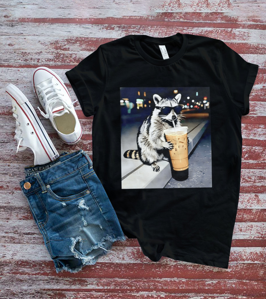 Raccoon Wearing Sunglasses Enjoying Iced Coffee Night Scene T-Shirt