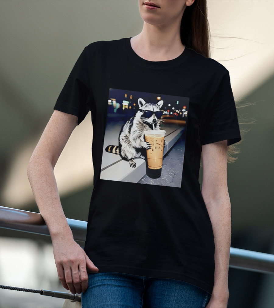 Raccoon Wearing Sunglasses Enjoying Iced Coffee Night Scene T-Shirt