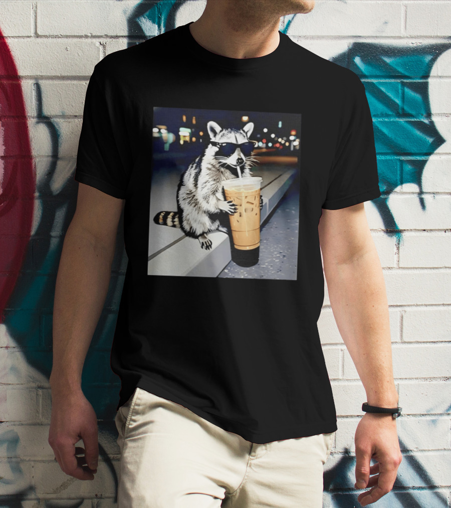 Raccoon Wearing Sunglasses Enjoying Iced Coffee Night Scene T-Shirt