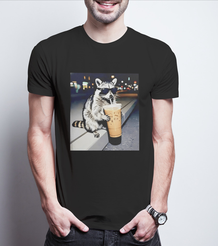 Raccoon Wearing Sunglasses Enjoying Iced Coffee Night Scene T-Shirt