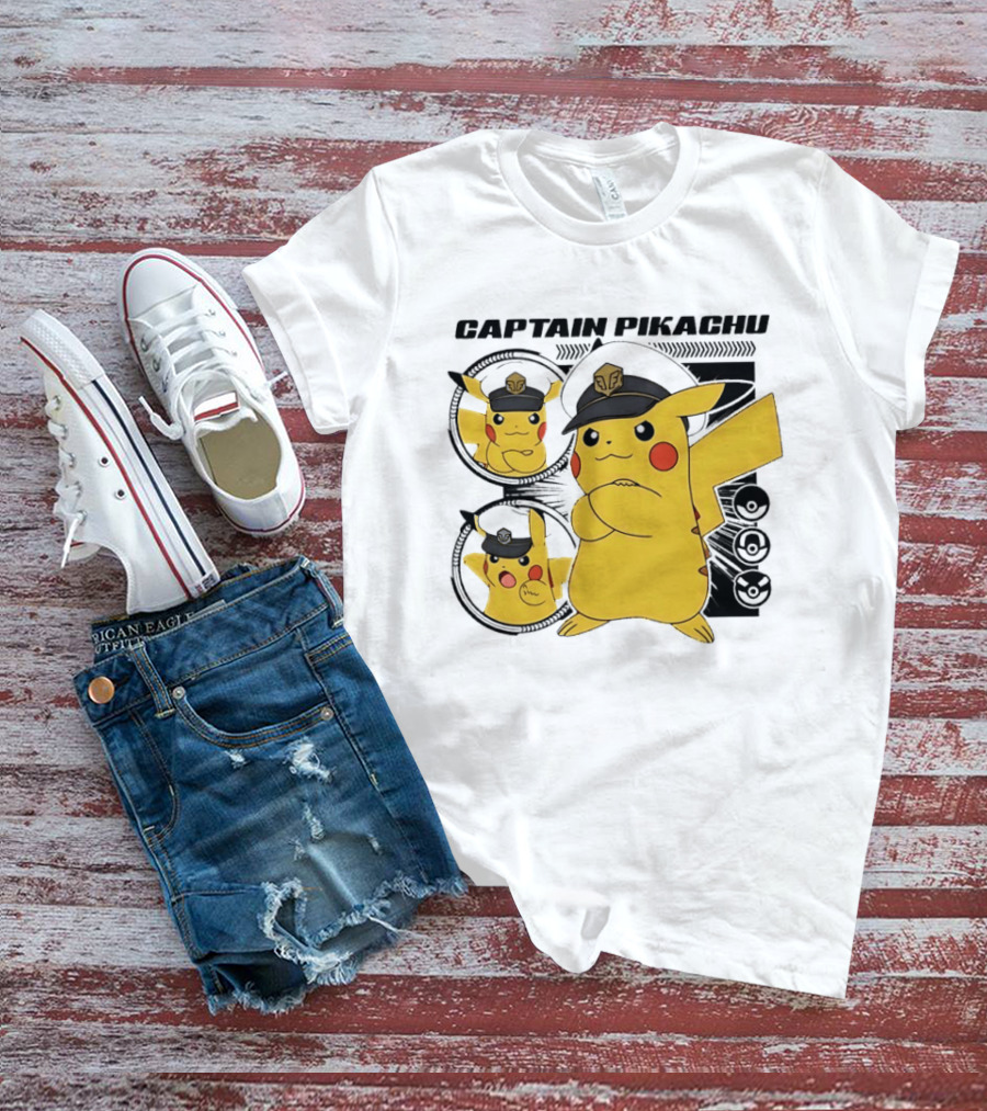 Captain Pikachu Cartoon Character With Hat And Expressions T-Shirt