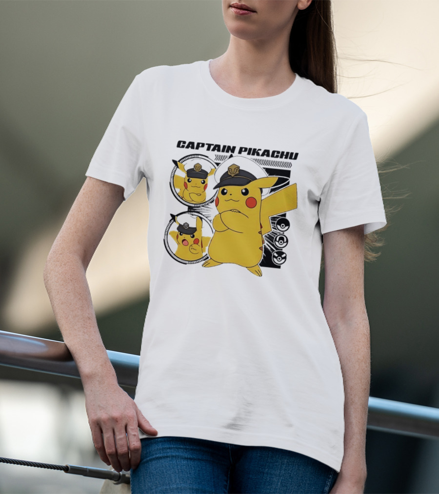Captain Pikachu Cartoon Character With Hat And Expressions T-Shirt