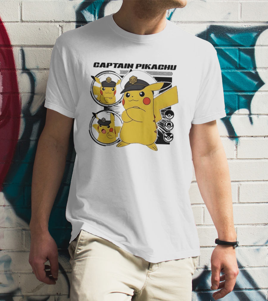 Captain Pikachu Cartoon Character With Hat And Expressions T-Shirt