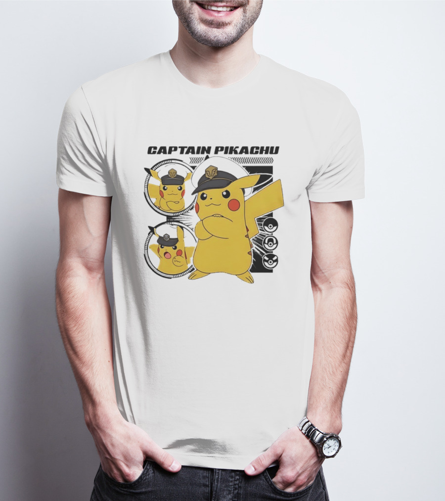 Captain Pikachu Cartoon Character With Hat And Expressions T-Shirt